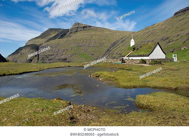 church in Saksun with roof with grass, Denmark, Faroe Islands, Streymoy