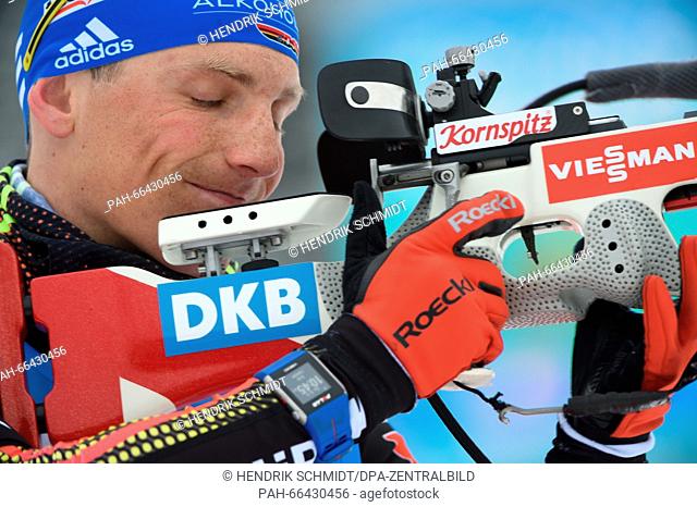 Germany's Erik Lesser at the shooting range during the sprint competition at the Biathlon World Championships, in the Holmenkollen Ski Arena, Oslo, Norway