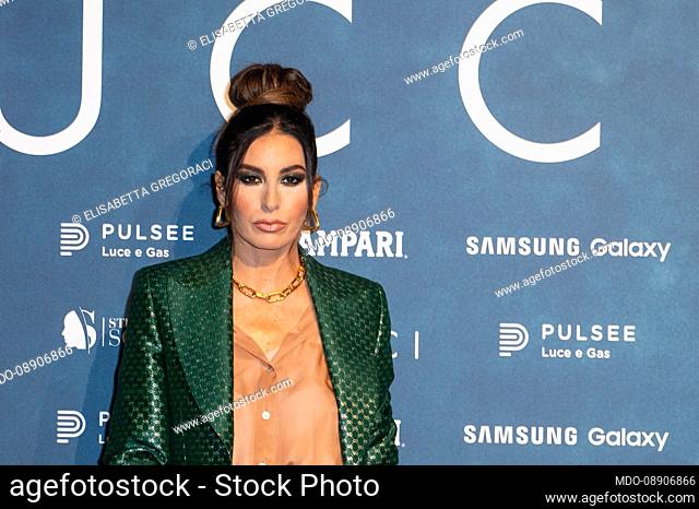 Italian showgirl Elisabetta Gregoraci participates in the photocall of the Italian premiere of the film ""House Of Gucci"" at the Space Cinema Odeon