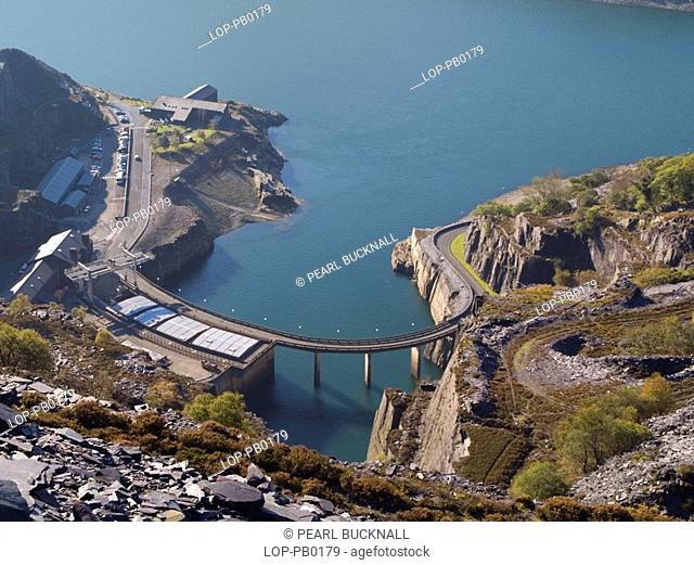 North Wales, Gwynedd, Llanberis, An aerial view of Dinorwig Hydro-electric Power Station and Llyn Peris reservoir in disused slate quarry built below Elidir...