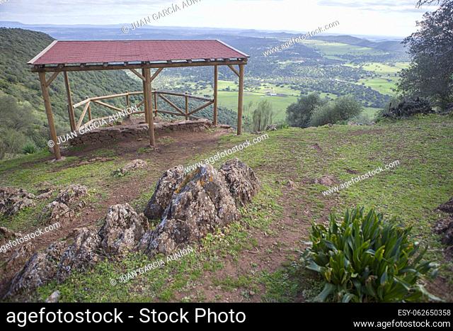 Alor Mountains panoramic viewpoint. Dehesa forest landscapes. Badajoz, Extremadura, Spain