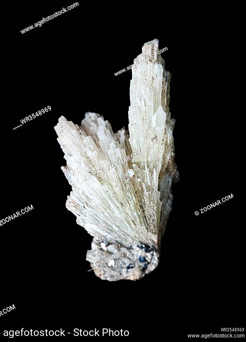 Collectible mineral strontianite specimen; radial splice of white crystals isolated on a black background; Mine number 5, Long Mountain, village Vishnevogorsky