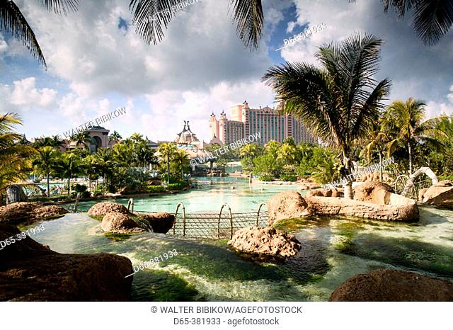 Bahamas, New Providence Island, Nassau: Atlantis Resort and Casino, Paradise Island. Cable Bridge over Falls