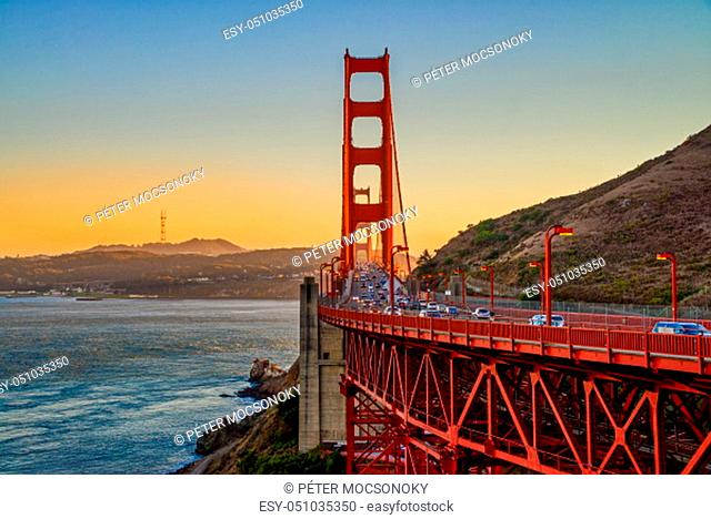 During the sunset at the Golden Gate bridge in San Francisco, California