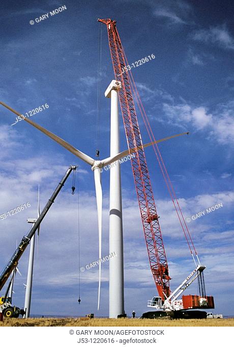 Large crane lifting rotor for wind turbine at Klondike Wind Power Project, Wasco, Oregon, August 2009