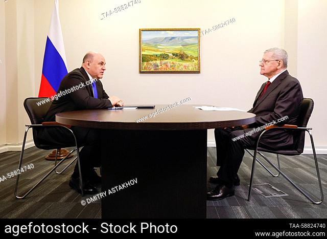 RUSSIA, MINERALNYE VODY - MAY 3, 2023: Russia's Prime Minister Mikhail Mishustin (L) and Presidential Envoy to Russia's North Caucasian Federal District Yuri...