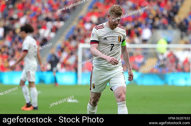 Belgium's Kevin De Bruyne looks dejected during a soccer game between Wales and Belgian national team the Red Devils, Saturday 11 June 2022 in Cardiff, Wales
