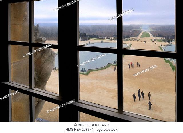 France, Yvelines, Chateau de Versailles, listed as World Heritage by UNESCO, the large perspective seen from the attic above the Galerie des Glaces Hall of...