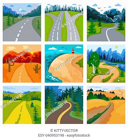 Road landscape vector roadway in forest and cityscape highway or roadside way to field lands with grass and trees in countryside illustration set of traveling...