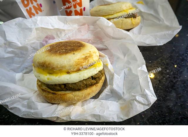 A plant-based breakfast sandwich made with Beyond Meat's vegan sausage in a Dunkin'restaurant in New York seen on Wednesday, July 24, 2019