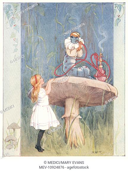 The Caterpillar was sitting on top of the mushroom ith its arms folded, quietly smoking a long hookah.' – illustration from the book 'Alice in Wonderland'
