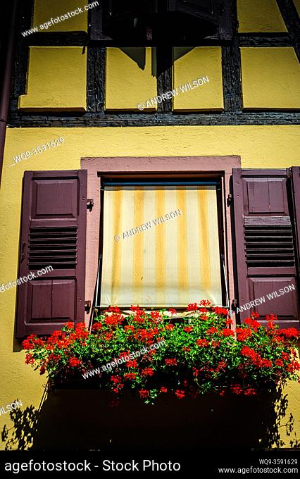Shuttered window and flower filled window box in Obernai, Alsace, France during summer