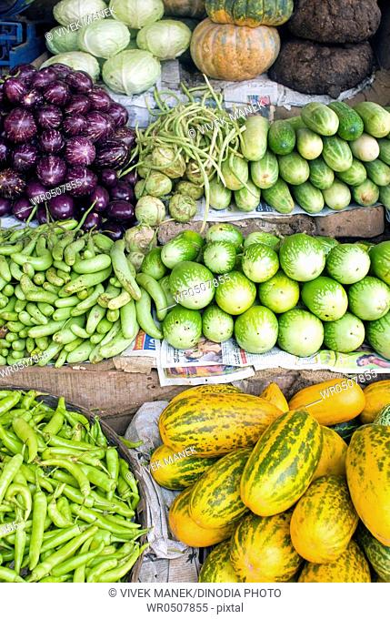 Fresh vegetables for sale cucumber cabbage chillies brinjal , Sullia , Mangalore , Karnataka , India