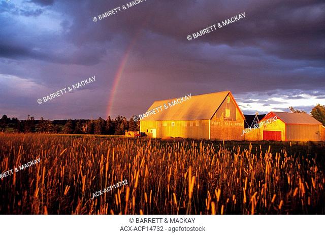 Rainbow over barn, New Dominion, Prince Edward Island, Canada