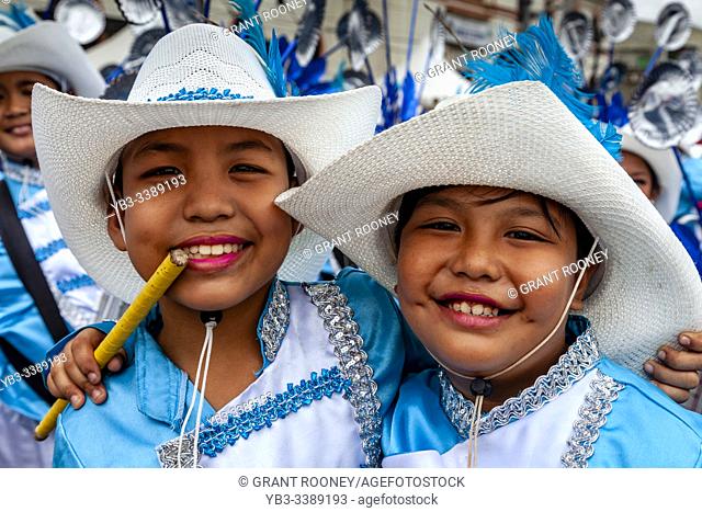 Filipino Elementary Schoolchildren Pose For A Photo During The Tambor Trumpa Martsa Musika (Drum & Bugle Corps) Contest, Dinagyang Festival, Iloilo