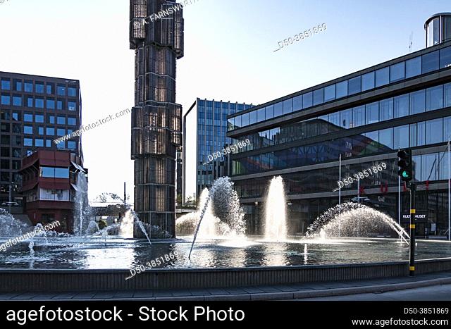 Stockholm, Sweden Fountains and obelisk in the downtown on Sergels Torg