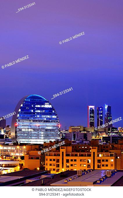 View of La Vela building and Four towers business area, Madrid, Spain