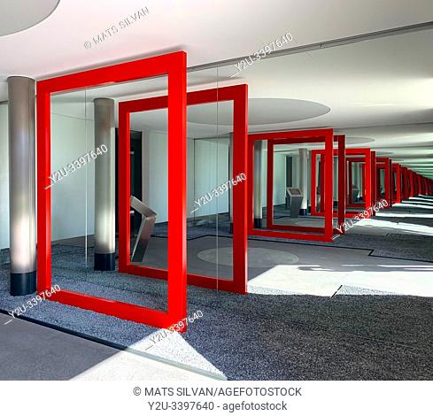 Modern Building with Red Frame to Infinity in Lugano, Switzerland