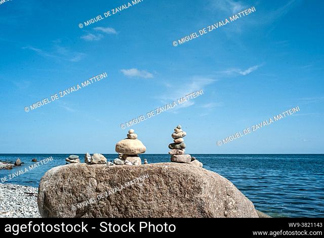 Rügen Island, Germany, Stacked stones in front of the sea