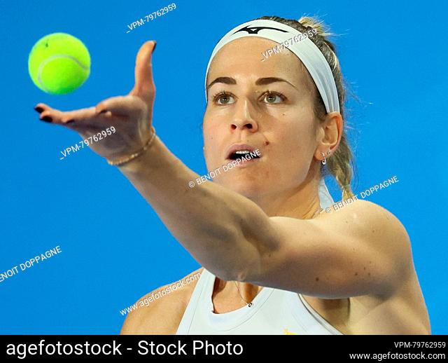 Hungarian Anna Bondar tosses the ball to serve during a tennis match between Belgian Wickmayer and Hungarian Bondar, the second rubber of the meeting between...