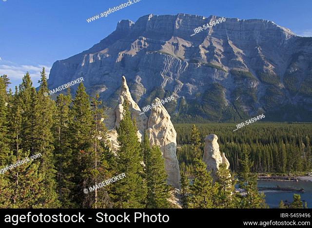 Earth pyramids, hoodoos in Bow Valley and Mount Rundle in Banff National Park, Alberta, Rocky Mountains, Canada, North America