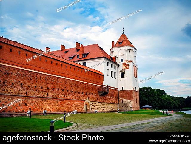 Mir, Belarus - August 04, 2017: Ancient medieval castle with towers in Mir, Belarus. UNESCO world heritage site
