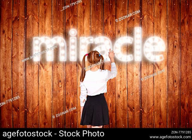 woman touching singboard word over wood background