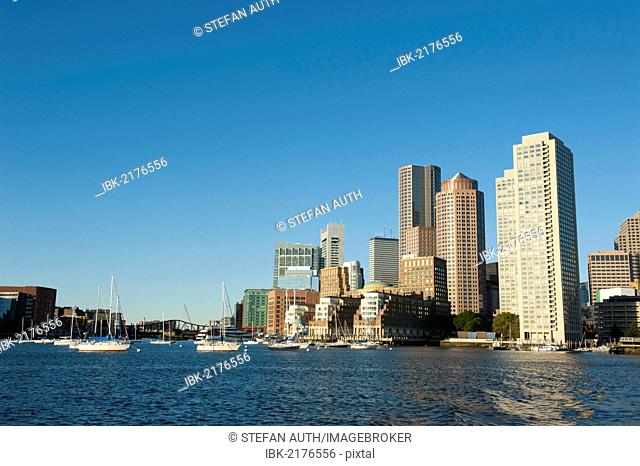Skyline, Rowes Wharf, Financial District, view from Boston Harbour, Boston, Massachusetts, New England, USA, North America