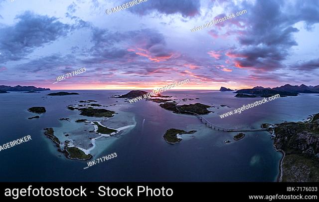 View of Sommarøy Island, bridge connecting islands, aerial view at sunset, Kvaløya, Troms og Finnmark, Norway, Europe