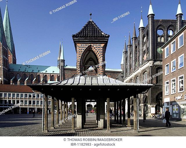 Old market hall and town hall with decorated gables on the market square, Hanseatic City of Luebeck, Schleswig-Holstein, Germany, Europe