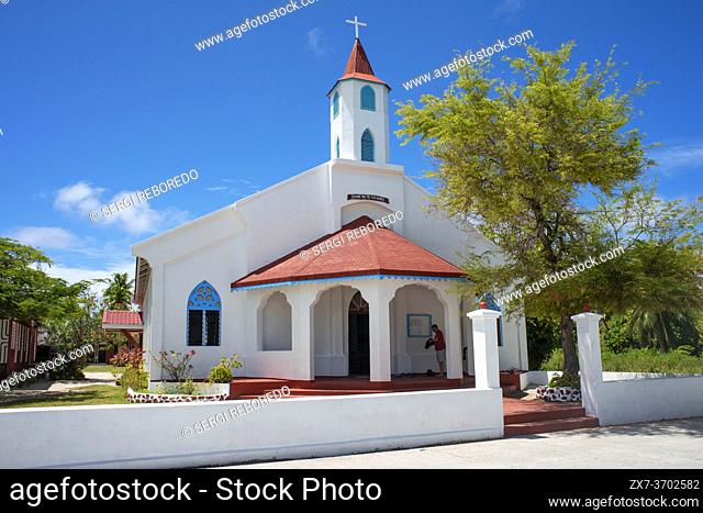 Rotoava church in Fakarava, Tuamotus Archipelago French Polynesia, Tuamotu Islands, South Pacific