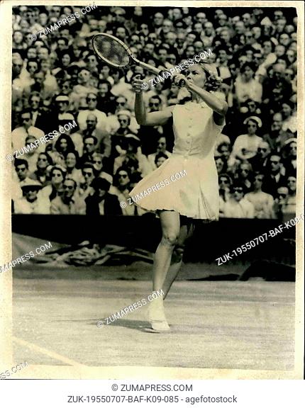 Jul. 07, 1955 - Louise Brough wins ladies singles at Wimbledon. Mrs. Fleitz in Action. Photo shows Mrs. J. Fleitz in action during her match with Miss Louise...