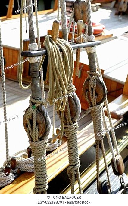 Sailboat wooden marine rigs and ropes