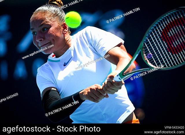 Belgian Sofia Costoulas pictured in action during a second round game in the girls singles between Belgian Costoulas and Italian Safi at the 'Australian Open'...