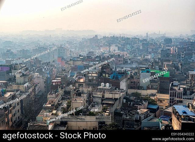 The view of Old Delhi from top of Jama Masjid mosque minaret. Taken in New Delhi, India
