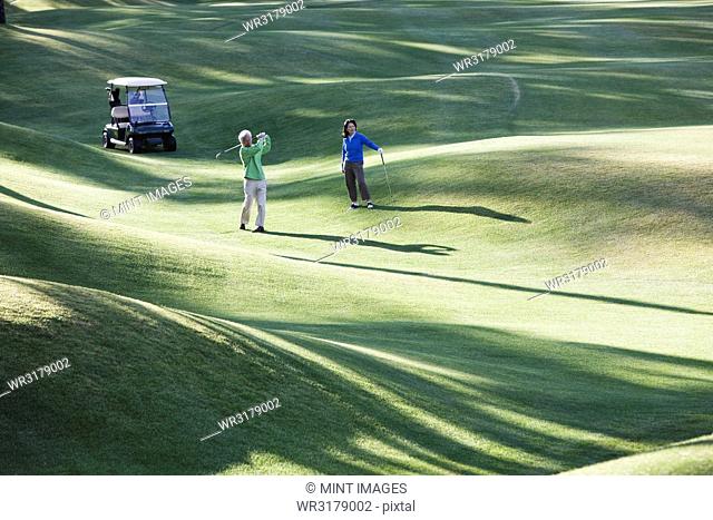 A young senior couple playing golf in the fairway of a golf course