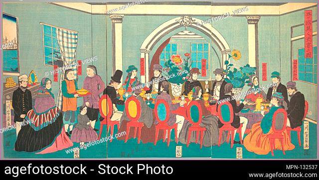 Foreigners from the Five Nations Enjoying a Banquet. Artist: Utagawa Yoshikazu (Japanese, active ca. 1850-1870); Period: Edo period (1615-1868); Date: 3rd month