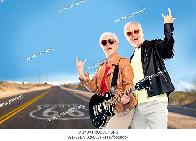 senior couple with electric guitar over route 66