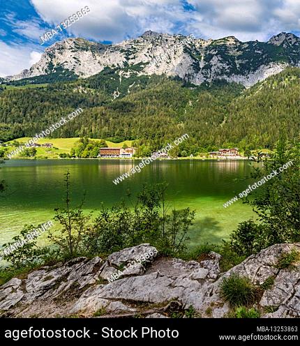 Upright panorama, Hintersee, Ramsau, in the back Reiteralpe, Berchtesgaden, Berchtesgaden Alps, Berchtesgaden National Park, Berchtesgadener Land, Upper Bavaria