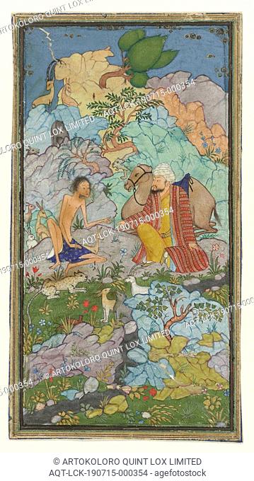 Episode from the love story of Laila and Majnun, the emaciated Majnun sits in a landscape with a man and his camel, Majnun's Father visits his son in the...