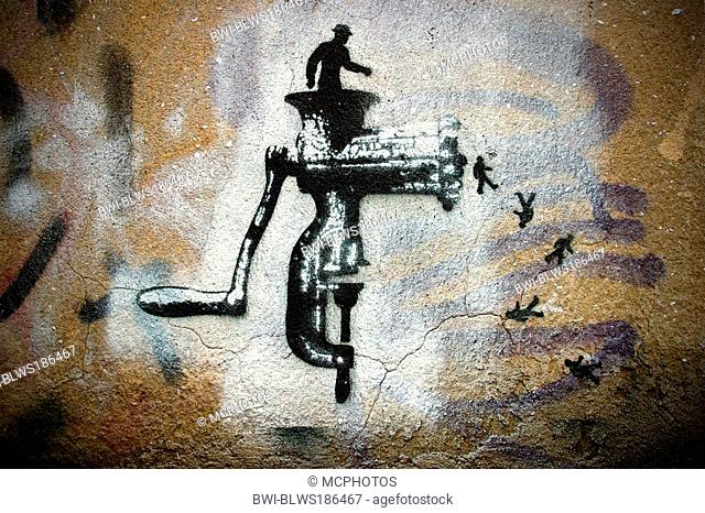 stencil graffiti showing man being turned into many smaller men by a meat grinder