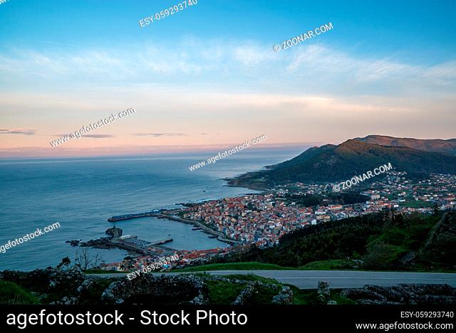 Sunrise view of the southwestern coast of Galicia and the town of A Guarda on the Minho River Estuary