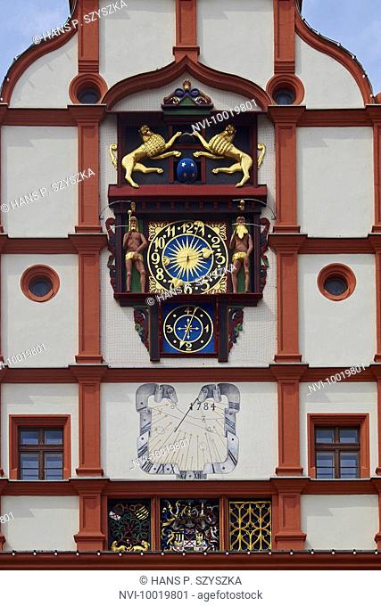 Clock detail at City Hall on Market Square in Plauen, Vogtland District, Saxony, Germany