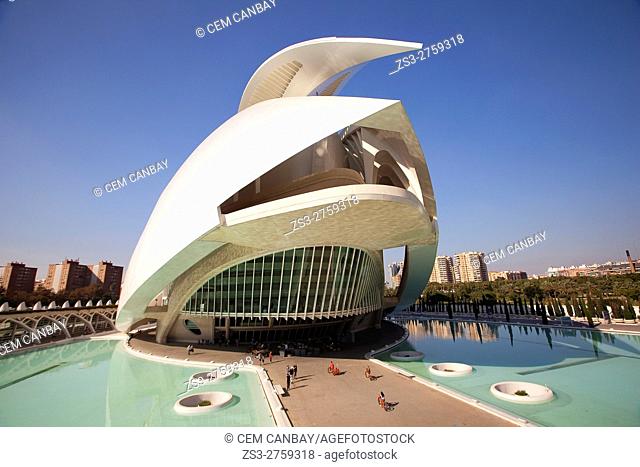 Visitors in front of the Palau de les Arts, City of Arts and Sciences, Valencia, Spain, Europe