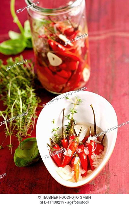 Preserved chilli peppers with herbs