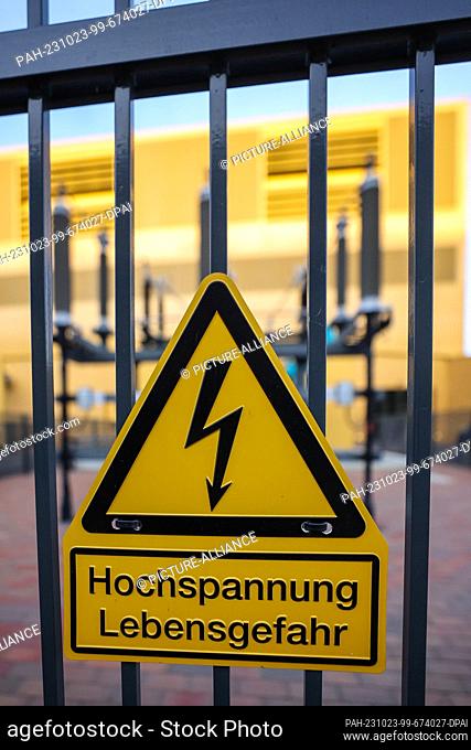 23 October 2023, Saxony, Leipzig: A sign warns ""High voltage danger to life"" at the new combined heat and power plant South