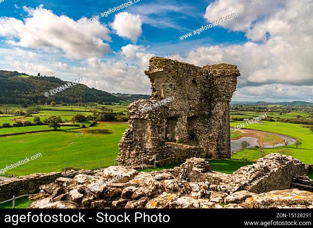 Dryslwyn, Carmarthenshire, Wales, UK - October 10, 2017: The remains of Dryslwyn Castle with the River Towy, clouds and Carmarthenshire landscape in the...