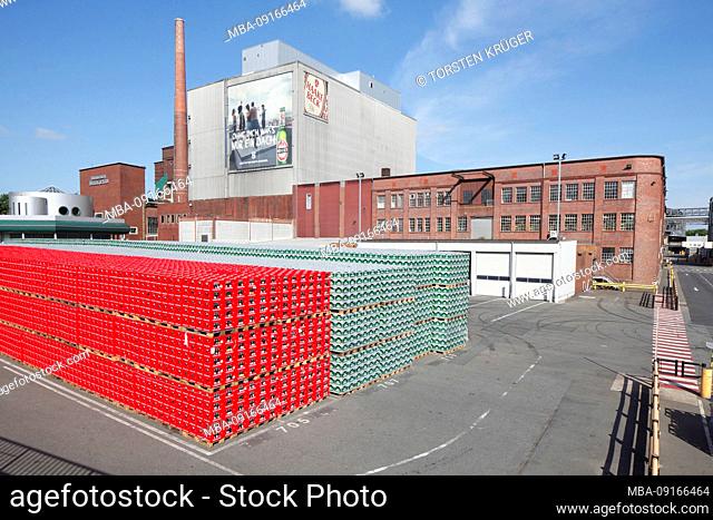 Factory building, stacked red Haake-Beck and green Becks beer crates, Brauerei Beck GmbH & Co. KG, Bremen, Germany, Europe