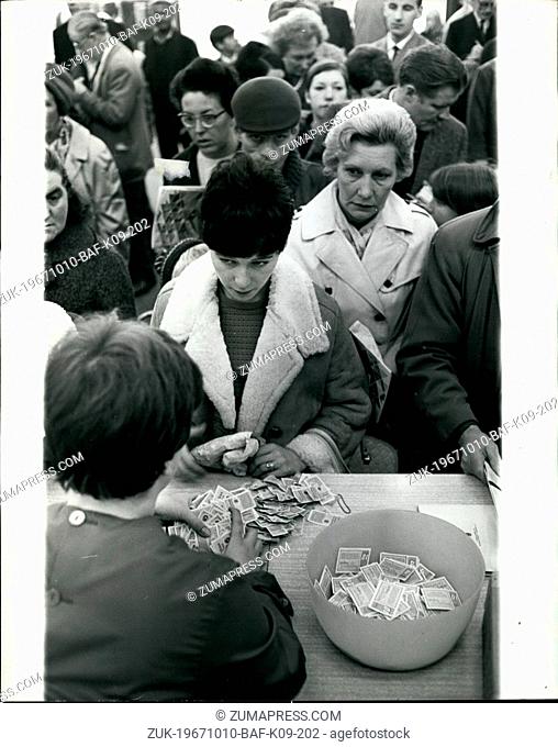 Oct. 10, 1967 - Cigarette Coupon Collectors Queue For Free gifts: Cigarette coupon collectors panicked yesterday and queued for free gifts in the mistaken...