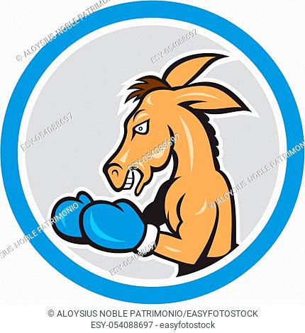 Illustration of a donkey mascot boxer boxing set inside a circle in isolated background done in cartoon style
